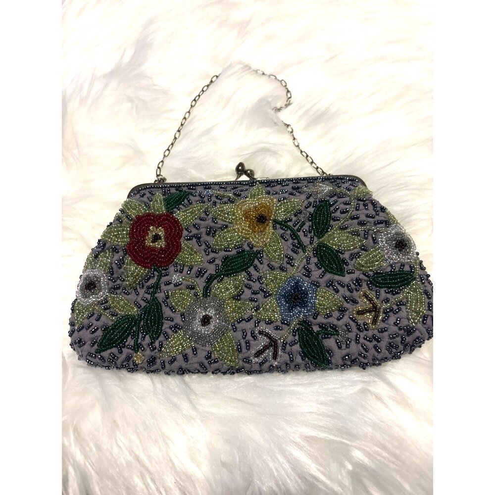 Floral Beaded Sudha Clutch Purse With Chain Strap MFA Boston Arts parties NWOT - Picture 6 of 12